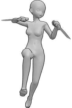 Référence des poses- Pose d'une combattante de manga - La femme du manga court, tient des poignards et regarde vers la gauche.