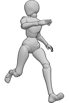 Riferimento alle pose- Posa di corsa guardando indietro - Donna che corre e si guarda alle spalle, riferimento per la posa di guardare oltre la spalla destra