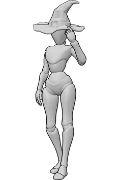Referencia de poses- Postura con sombrero de bruja - La bruja está de pie, lleva un sombrero de bruja y se lo ajusta con la mano izquierda