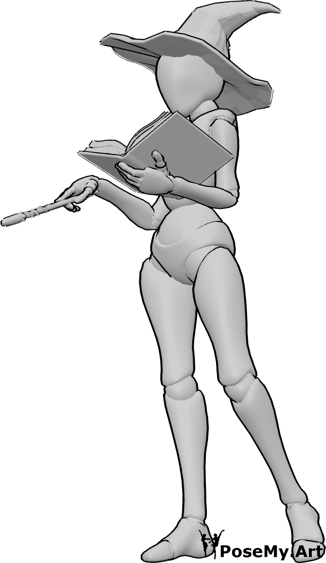 Referencia de poses- Pose para lanzar hechizos - Bruja está de pie y lanzando un hechizo de un libro con su varita, bruja pose de referencia