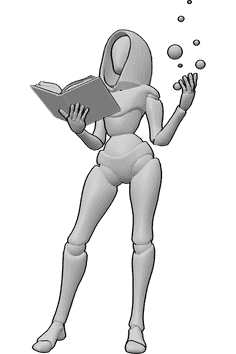 Referencia de poses- Pose de bruja lanzadora de hechizos - Bruja está de pie y lanzando un hechizo de un libro, bruja pose de referencia