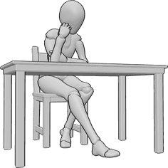Referencia de poses- Postura sentada aburrida - Una mujer aburrida está sentada en la silla de la mesa, apoyando la cabeza en la mano derecha.