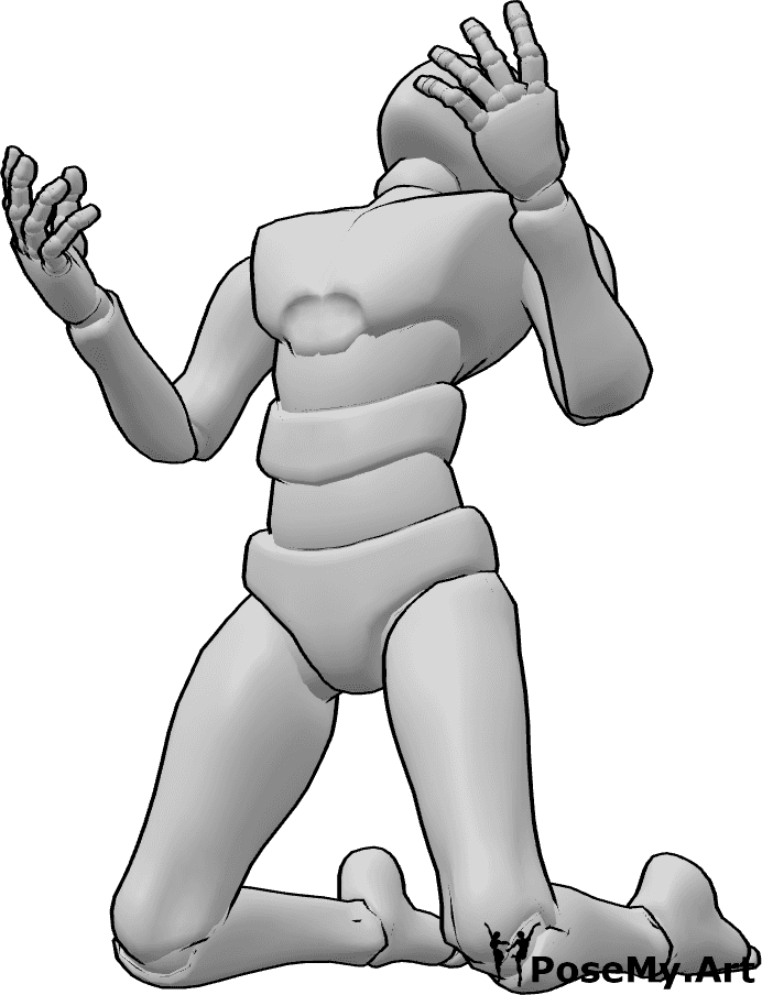 Posen-Referenz- Männlich kniend Verzweiflung Pose - Verzweifeltes Männchen kniet, hebt die Hände und blickt nach oben, Pose der männlichen Verzweiflung