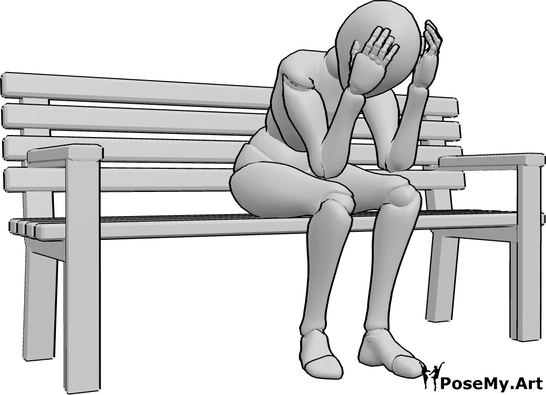 Referência de poses- Mulher desesperada em pose sentada - Uma mulher desesperada e triste está sentada no banco, olhando para baixo, segurando a cabeça