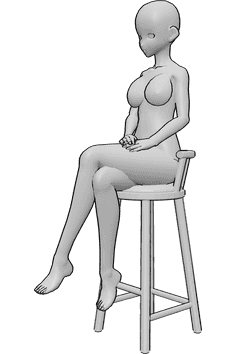 Référence des poses- Anime pose élégante des mains - Une femme animée est assise avec élégance, les mains posées sur les cuisses.