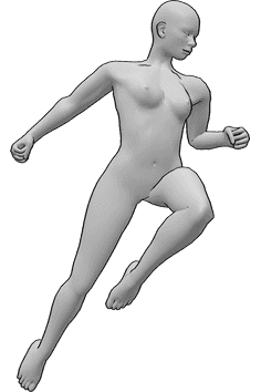 Referencia de poses- Postura de poder de salto femenino - Mujer saltando, apretando los puños, pose dinámica de poder femenino.