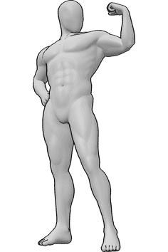 Referencia de poses- Postura de fuerza muscular masculina - Hombre musculoso de pie, sujetándose la cadera y mostrando los músculos de los brazos