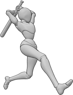 Referencia de poses- Postura poderosa de murciélago metálico - Mujer corriendo y sosteniendo un bate de metal, balanceándolo hacia atrás, pose de poder femenino.