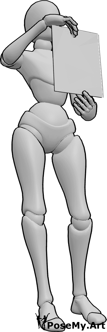 Referência de poses- Segurando um papel com uma pose - Mulher de pé, segurando um papel com as duas mãos e mostrando-o