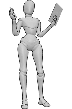 Referencia de poses- Mujer sosteniendo un lápiz - Mujer de pie sosteniendo un lápiz y un papel