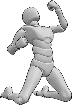 Pose Reference- Happy male celebrating pose - Happy male is kneeling, raising his fists, looking up, celebrating something