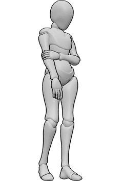 Pose Reference- Female sad pose - Sad female is standing, holding her arm and looking down