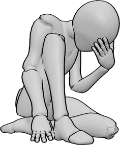 Pose Reference- Desperate huddled sitting pose - Desperate female is sitting huddled on the floor, holding her head