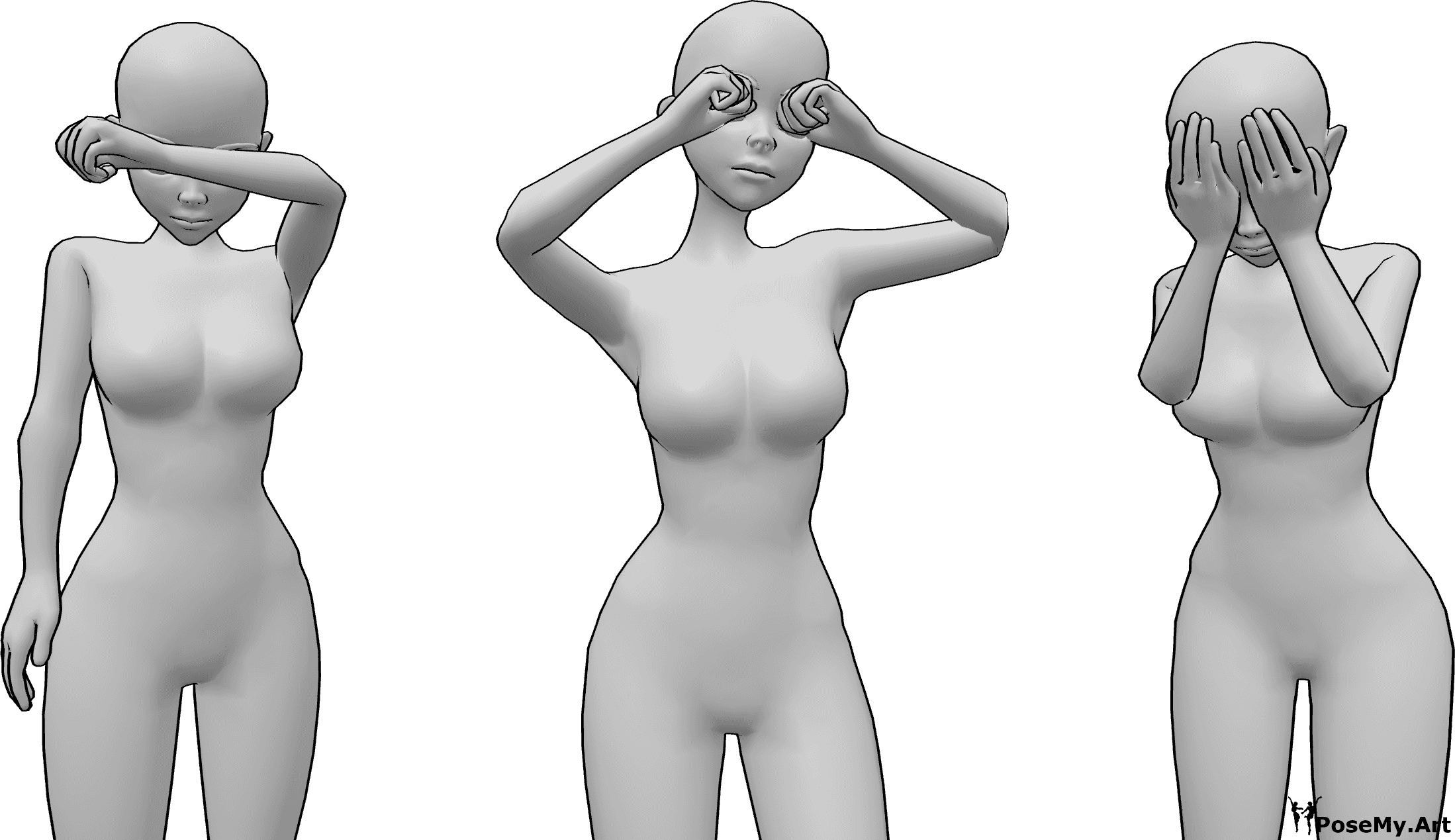 Pose Reference- Three women crying - Three anime women crying in 3 different positions. All standing. 