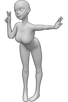 Référence des poses- Femme debout, penchée en avant et disant "ok". - référence à un anime mignon - une femme debout, penchée en avant, une main dans le dos et l'autre faisant le signe "ok".