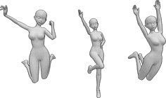 Référence des poses- Trois femmes pom-pom girls - Trois pom-pom girls - deux sautent et une est debout