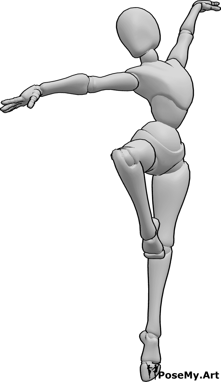 Riferimento alle pose- Posa di danza classica femminile - Posa di danza classica femminile, in piedi sul piede sinistro, alzando le mani in alto