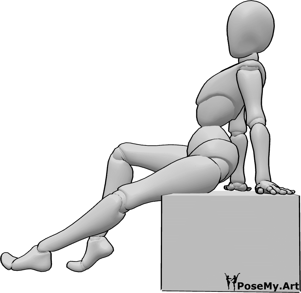 Riferimento alle pose- Posizione seduta delle gambe che flirtano - Una donna sicura di sé è seduta e flirta, mostrando le gambe in posa
