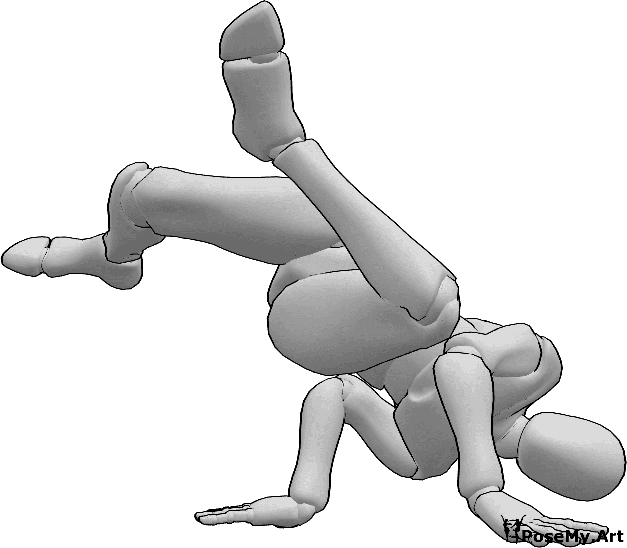 Riferimento alle pose- Posa di breakdance con gambe sollevate - L'uomo fa la breakdance, alzando entrambe le gambe in aria.