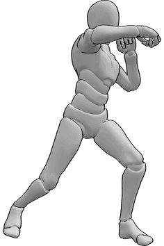 Riferimento alle pose- Posa delle gambe di pugilato maschile - Uomo che pratica il pugilato, colpisce con la mano destra, ruota il piede destro verso l'interno, posa della gamba da pugile