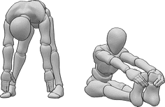 Riferimento alle pose- Maschi in posa di allungamento delle gambe - Due uomini si stanno riscaldando, facendo stretching delle gambe in posizione eretta e seduta.