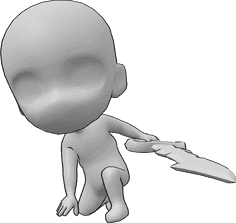 Riferimento alle pose- Chibi che atterra con la spada - Chibi sta atterrando, accovacciato con una grande spada fantasy in mano
