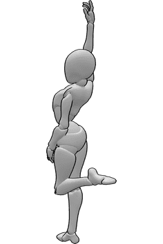 Riferimento alle pose- Gamba femminile sollevata - Donna in una posa carina, in piedi sulla gamba destra con la gamba sinistra sollevata e la mano rivolta verso il cielo