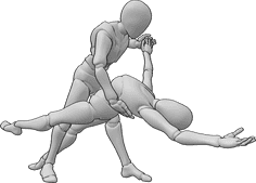 Referencia de poses- Postura de danza inclinada - Bailarina de vals se inclina hacia atrás casi hasta el suelo y levanta su mano izquierda, el bailarín masculino la sostiene