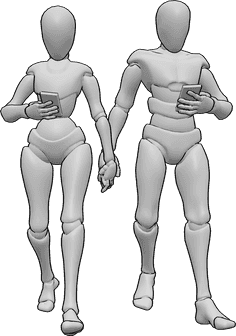 Riferimento alle pose- Coppia che cammina posa telefoni - Una donna e un uomo camminano, si tengono per mano e giocano al telefono.